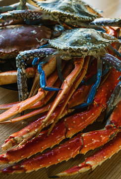 Image of plate of seafood. Dish of crabs. Crabs background