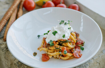 Delicious italian pasta. Portion of pasta with cream cheese