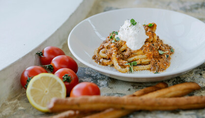Delicious italian pasta. Portion of pasta with cream cheese