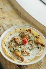 Image of portions of food. Dishes with cheese, tomatoes, olive and vegetables