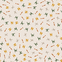 Cute alphabet seamless pattern with crayon handwritten doodles and boho style. Funny  wallpaper with word ABC concept for kids education, scrapbook, print, fabric, school, baby texture