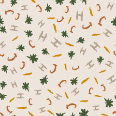 Cute alphabet seamless pattern with crayon handwritten doodles and boho style. Funny  wallpaper with word ABC concept for kids education, scrapbook, print, fabric, school, baby texture