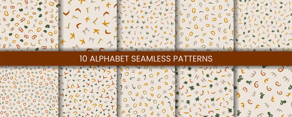 Set of cute alphabet seamless pattern with crayon handwritten doodles and boho style. Funny  wallpaper with word ABC concept for kids education, scrapbook, print, fabric, school, baby texture