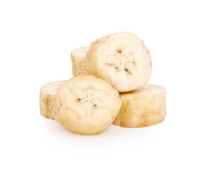 Pile of banana slices isolated on white background