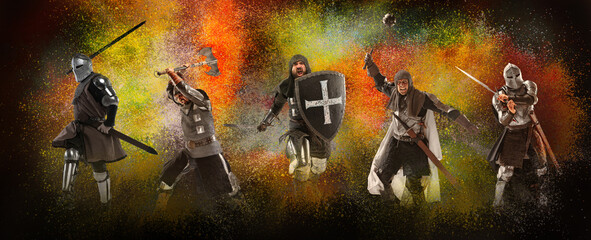 Fight, battle. Cinematic art collage with brutal serious medieval warriors or knights war clothes...