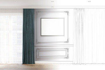A sketch becomes a real modern classic room with a blank horizontal poster on a gray classic wall between two large windows with green curtains, a beige carpet on the parquet floor. 3d render