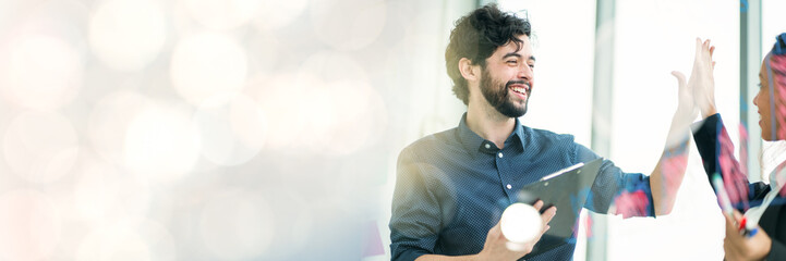 young businessman beard shaking hands woman in conference room, concept finance market partnership...