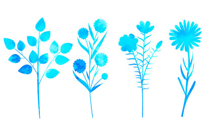 flower, plants blue watercolor silhouette isolated vector