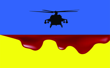 Fototapeta na wymiar Military helicopter and blood over Ukrainian flag, stop war in Ukraine conceptual vector illustration