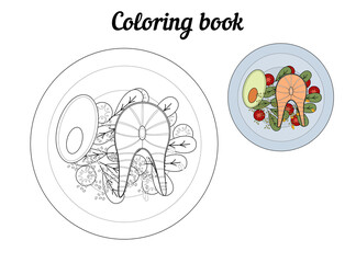 Coloring book with a sample for painting. Print page. Plate with food. Fish and avocado with tomatoes. healthy dinner.