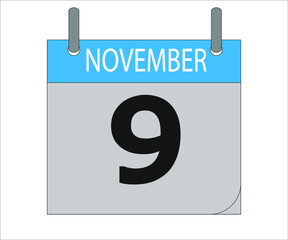 November9th. Calendar icon. Date day of the month Sunday, Monday, Tuesday, Wednesday, Thursday, Friday, Saturday and Holidays