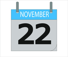 November 22th. Calendar icon. Date day of the month Sunday, Monday, Tuesday, Wednesday, Thursday, Friday, Saturday and Holidays