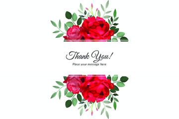 Thank you card with red rose and green leave with watercolor Free Vector