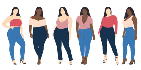 Curvy woman in jeans and blouse vector illustration. Plus size women clothing.