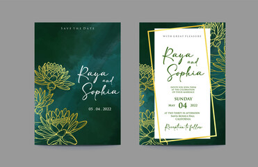 Emerald green wedding invitation watercolor and gold outline lotus flower