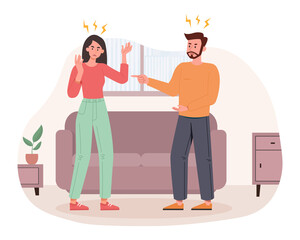 Concept of couple conflict. Man and woman screaming at each other, family quarrel and negative emotions. Disgruntled people, stress and anger. Problem in relationship. Cartoon flat vector illustration