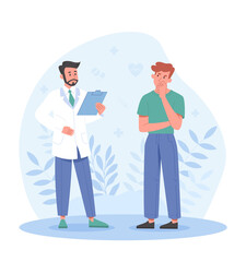 Doctor with patient. Guy talks about his illnesses, search for optimal method of treatment and consultation. Man inuniform taking notes. Poll and medical survey. Cartoon flat vector illustration