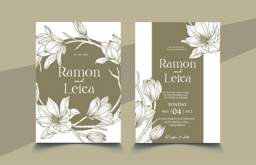 wedding invitation with magnolia flower outline 