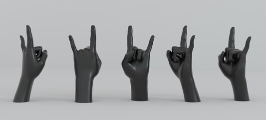 3D illustration of a row of hand models showing horn sign gesture associated with heavy metal and rock music culture.
