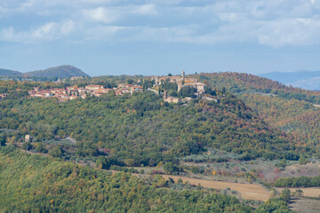 Fototapeta na wymiar View on hills and vineyards near old town Montepulciano, Tuscany, Italy