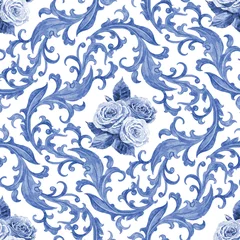 Fotobehang Blauw wit vintage naadloze textuur met bloemen filigraan takjes en boeket