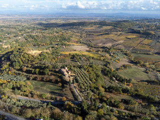 Fototapeta na wymiar Aerial view on hills witn vineyards near old town Montepulciano, Tuscany, Italy