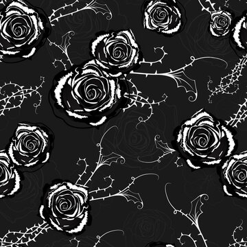 Vector gothic seamless pattern with black roses and thorns.