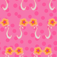 Cute 60s style flowers vector seamless repeat pattern with dots in pink and orange