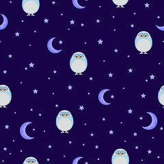Obraz na płótnie Canvas blue night owl seamless pattern. crescent night sky. magic owls, night stars. good for night wear, sleep wear, pajama, fabric, wallpaper, background, backdrop, fashion.