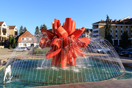 Peaceful scenery with fountain 'Transylvania flower' in Bistrita, Bistritz in Romania