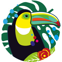 Illustration of toucan and monstera leaf