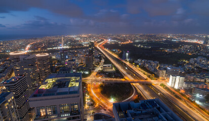 Tel Aviv, Ayalon highway night aerial view. Hayarkon park