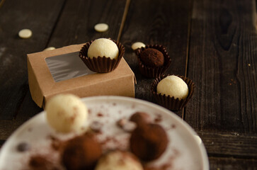cooking sweets and cakes at home in the kitchen. Delicious handmade candy truffles.