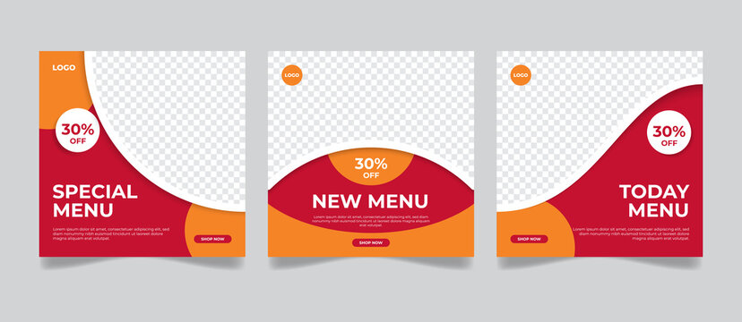 Set Of Editable Square Poster Template Designs For Food Posts On Social Media. Suitable For Post Restaurant Advertisements And Digital Culinary Promotions. Red And Orange Background.