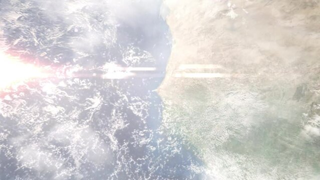 Earth zoom in from outer space to city. Zooming on Thies, Senegal. The animation continues by zoom out through clouds and atmosphere into space. Images from NASA