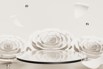 3d render of ivory flowers with flying spheres and glass podium on a beige background