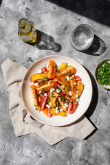 Balsamic tomato and peach salad with feta. Quick and easy summer salad