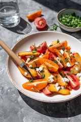 Balsamic tomato and peach salad with feta. Quick and easy summer salad