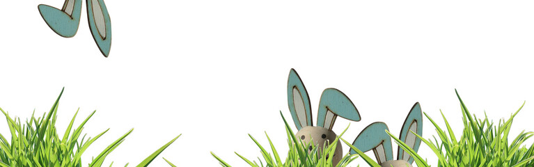 banner three easter bunny ears left side, peeping through green grass isolated  osterhase- copy...