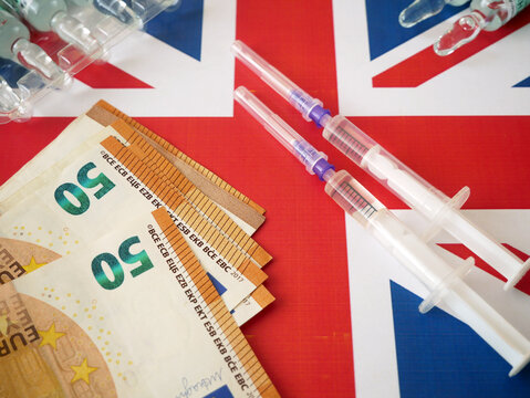 United Kingdom Flag, Coronavirus Vaccine And Money, Money For Purchase And Production Vaccine