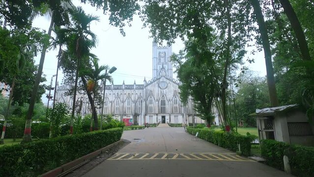 Walking in St. Paul's Cathedral Church of Kolkata, famous for its Gothic architecture and cathedral of Anglican background in Kolkata, West Bengal, India January 15,2022