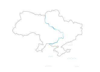 Line map of Ukraine with river Dnipro and Crimean peninsula
