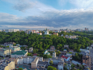Kyiv, Ukraine.  Saint Andrew's church and Andreevska street from above. Aerial drone view.
