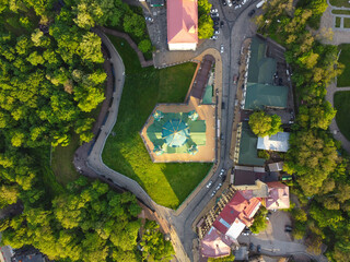Kyiv, Ukraine.  Saint Andrew's church and Andreevska street from above. Aerial drone view.