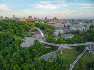 Kyiv, Ukraine. Panoramic view of Kyiv and Arch of Friendship of Peoples. Aerial drone view. - 490910542