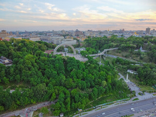 Kyiv, Ukraine. Panoramic view of Kyiv and Arch of Friendship of Peoples. Aerial drone view. - 490910554