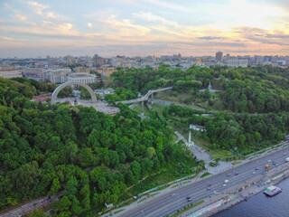 Kyiv, Ukraine. Panoramic view of Kyiv and Arch of Friendship of Peoples. Aerial drone view. - 490910559