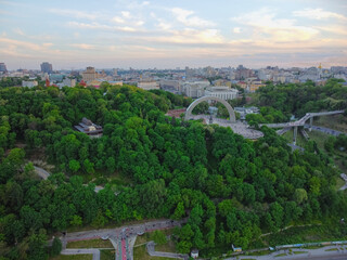 Kyiv, Ukraine. Panoramic view of Arch of Friendship of Peoples. Aerial drone view. - 490910567