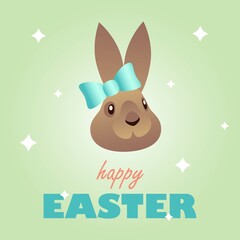 Lovely easter bunny with blue ribbon bow greeting card with cute font on green bright backround, cartoon vector illustration
