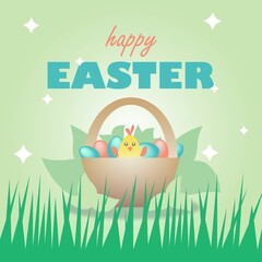 Happy easter yellow chick in a busket with colorfull blue and pink easter painted eggs on green natural background with green leafs, grass and stars,  greeting message, cute font